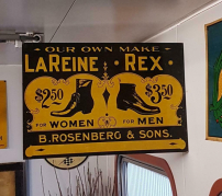 Dubbelzijdig antiek USA tin sign van LaReine Rex shoes