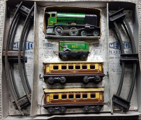 Metalen treinset van Mettoy in doos uit de 30'r jaren ðŸšƒðŸš‚