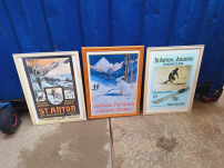 Cool set of 3 vintage winter sports posters in a wooden frame.