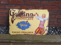 Antiek emaille gebold bord van Goldina-chocolade uit 1915😍