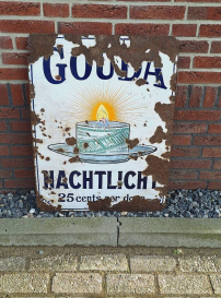 Antiek emaille bord Gouda Nachtlicht, 25 cents per doosje.