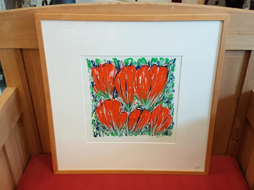 Zeefdruk oranje tulpen, handgesigneerd door Ad van Hassel.