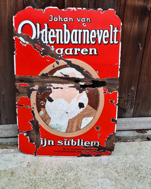 Antique enamel sign, Johan van Oldenbarnevelt cigars